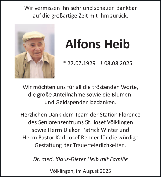 Traueranzeige von Alfons Heib von saarbruecker_zeitung