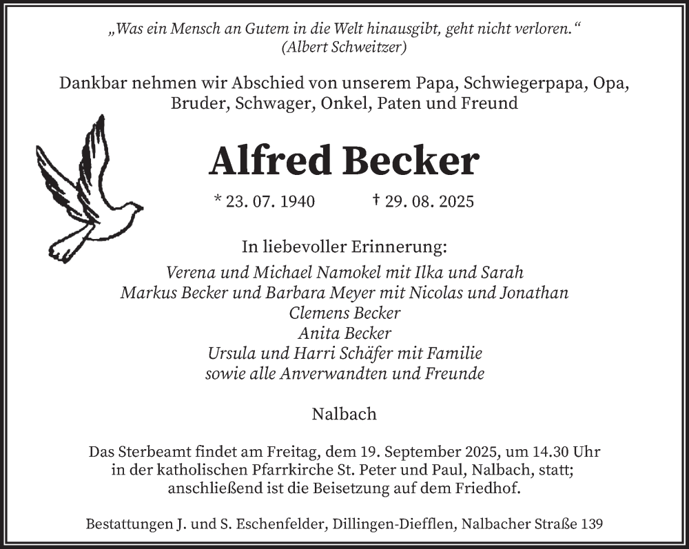  Traueranzeige für Alfred Becker vom 06.09.2025 aus saarbruecker_zeitung