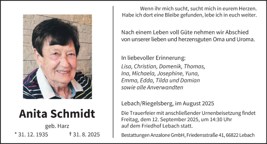 Traueranzeige von Anita Schmidt von saarbruecker_zeitung