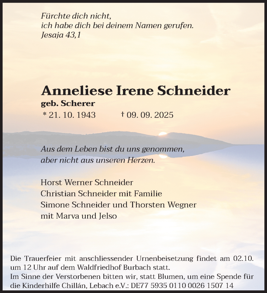  Traueranzeige für Anneliese Irene Schneider vom 20.09.2025 aus saarbruecker_zeitung