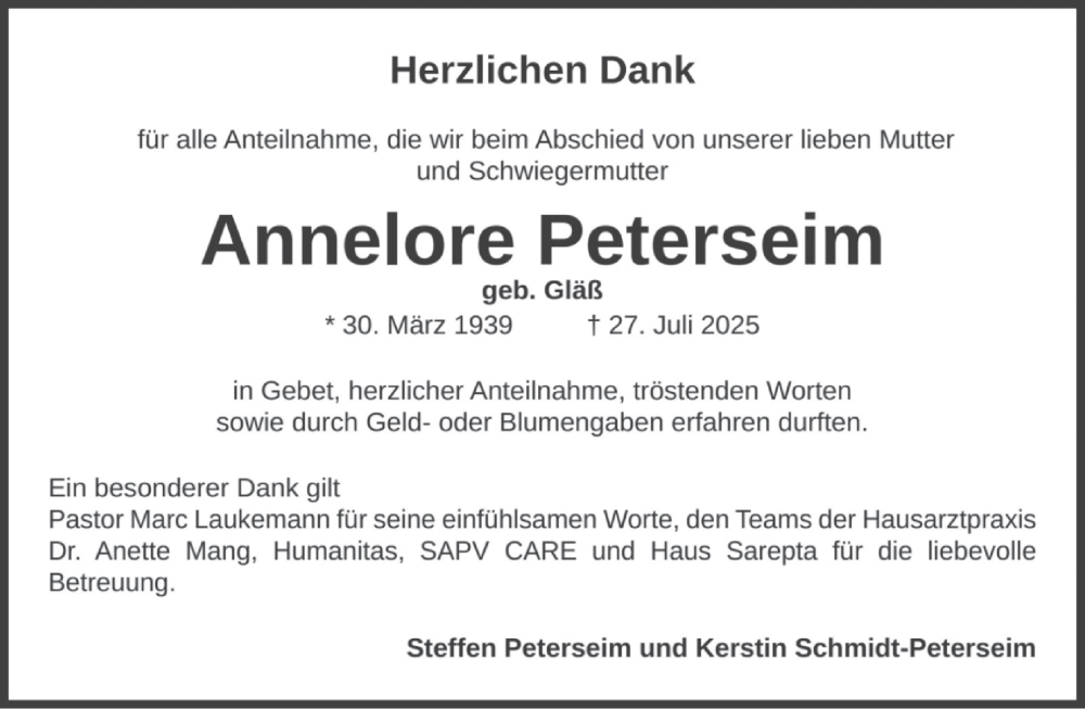  Traueranzeige für Annelore Peterseim vom 30.08.2025 aus saarbruecker_zeitung