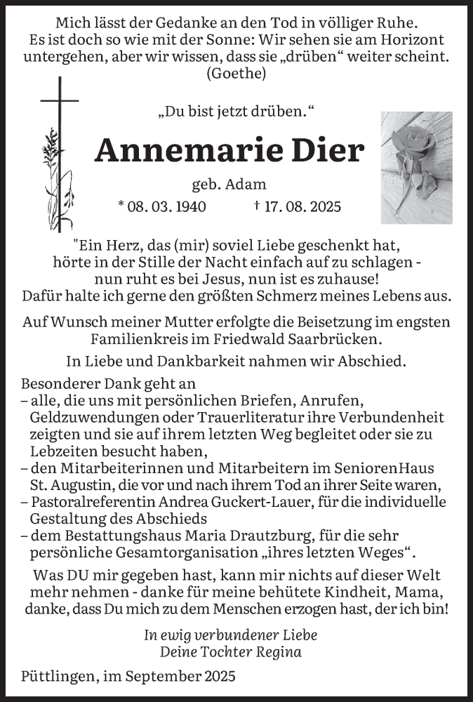  Traueranzeige für Annemarie Dier vom 20.09.2025 aus saarbruecker_zeitung