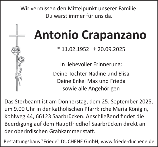 Traueranzeige von Antonio Crapanzano von saarbruecker_zeitung