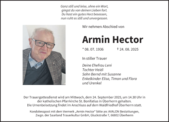 Traueranzeige von Armin Hector von saarbruecker_zeitung