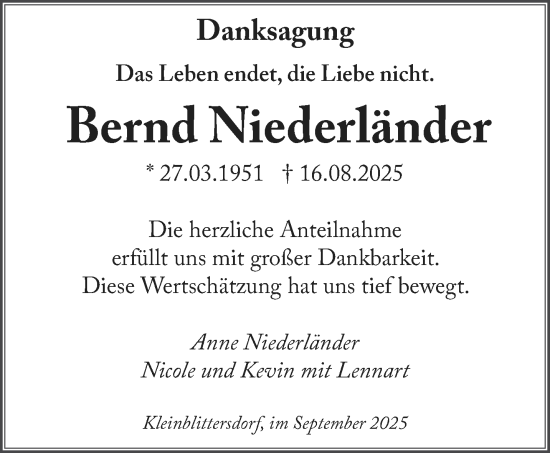 Traueranzeige von Bernd Niederländer von saarbruecker_zeitung