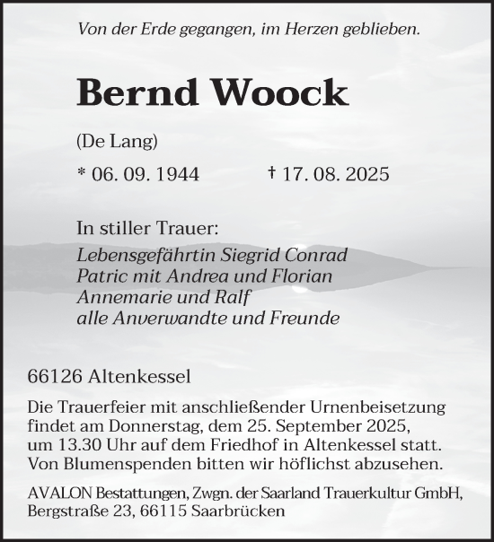 Traueranzeige von Bernd Woock von saarbruecker_zeitung