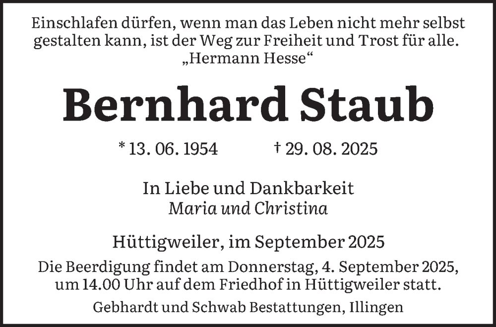  Traueranzeige für Bernhard Staub vom 02.09.2025 aus saarbruecker_zeitung