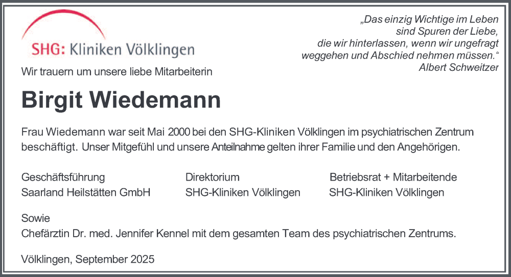  Traueranzeige für Birgit Wiedemann vom 20.09.2025 aus saarbruecker_zeitung