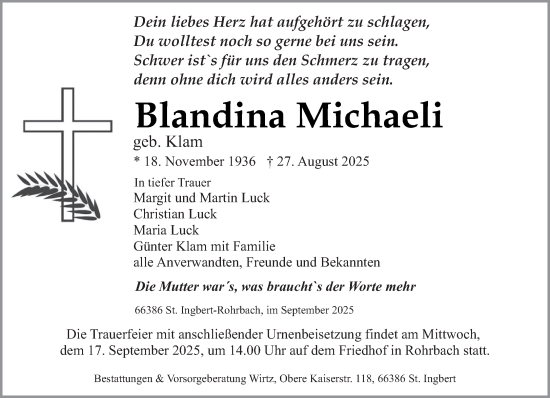 Traueranzeige von Blandina Michaeli von saarbruecker_zeitung