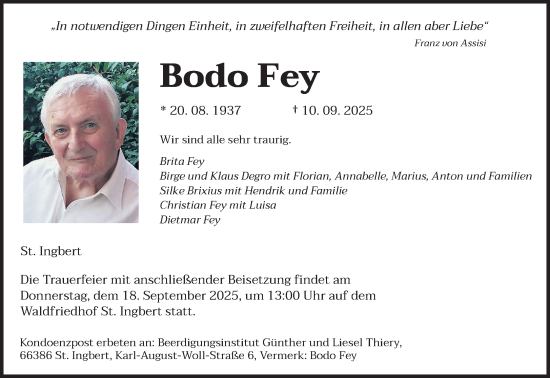 Traueranzeige von Bodo Fey von saarbruecker_zeitung