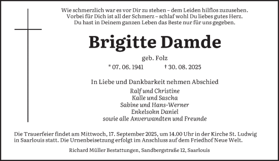 Traueranzeige von Brigitte Damde von saarbruecker_zeitung