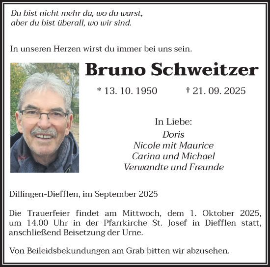 Traueranzeige von Bruno Schweitzer von saarbruecker_zeitung