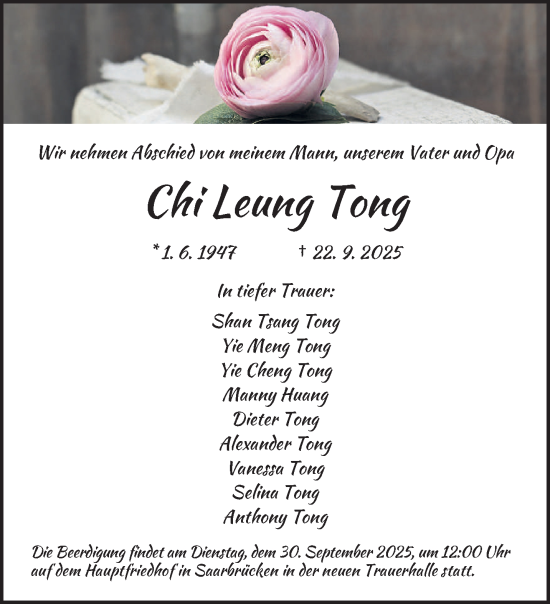 Traueranzeige von Chi Leung Tong von saarbruecker_zeitung