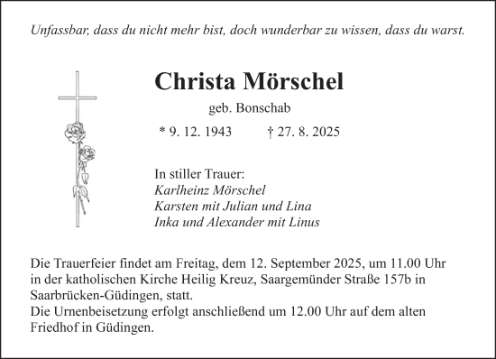Traueranzeige von Christa Mörschel von saarbruecker_zeitung