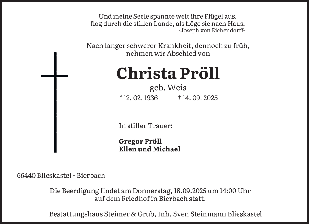  Traueranzeige für Christa Pröll vom 17.09.2025 aus saarbruecker_zeitung