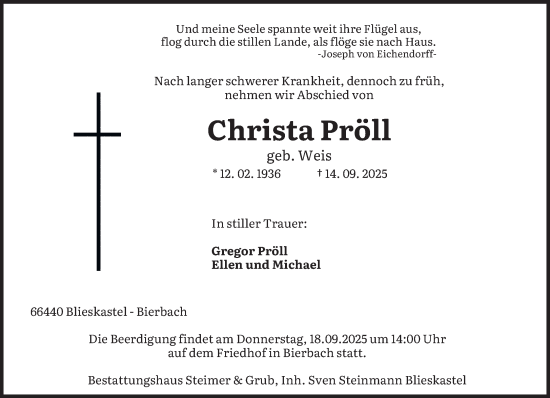 Traueranzeige von Christa Pröll von saarbruecker_zeitung