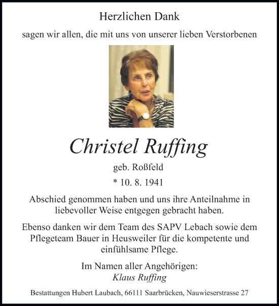 Traueranzeige von Christel Ruffing von saarbruecker_zeitung