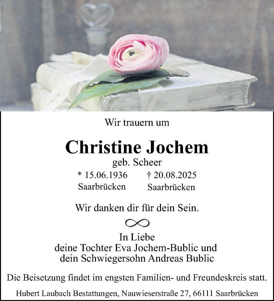  Traueranzeige für Christine Jochem vom 30.08.2025 aus saarbruecker_zeitung
