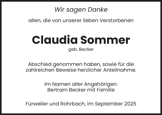 Traueranzeige von Claudia Sommer von saarbruecker_zeitung
