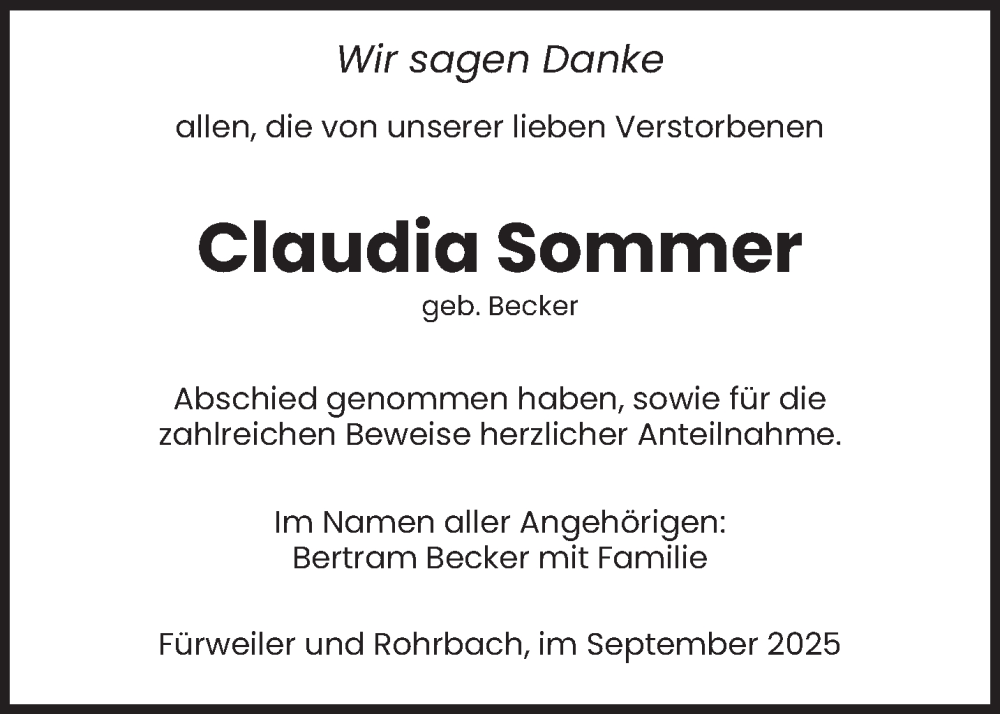  Traueranzeige für Claudia Sommer vom 20.09.2025 aus saarbruecker_zeitung