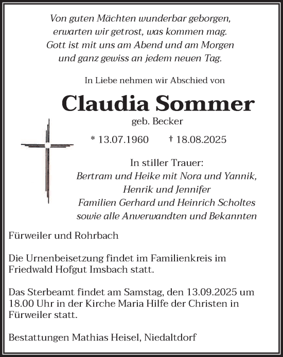 Traueranzeige von Claudia Sommer von saarbruecker_zeitung
