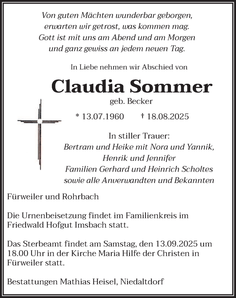  Traueranzeige für Claudia Sommer vom 30.08.2025 aus saarbruecker_zeitung