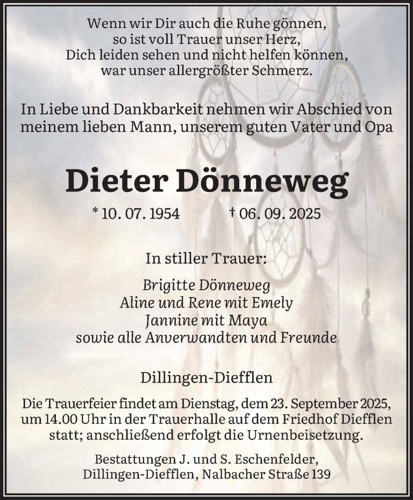  Traueranzeige für Dieter Dönneweg vom 13.09.2025 aus saarbruecker_zeitung