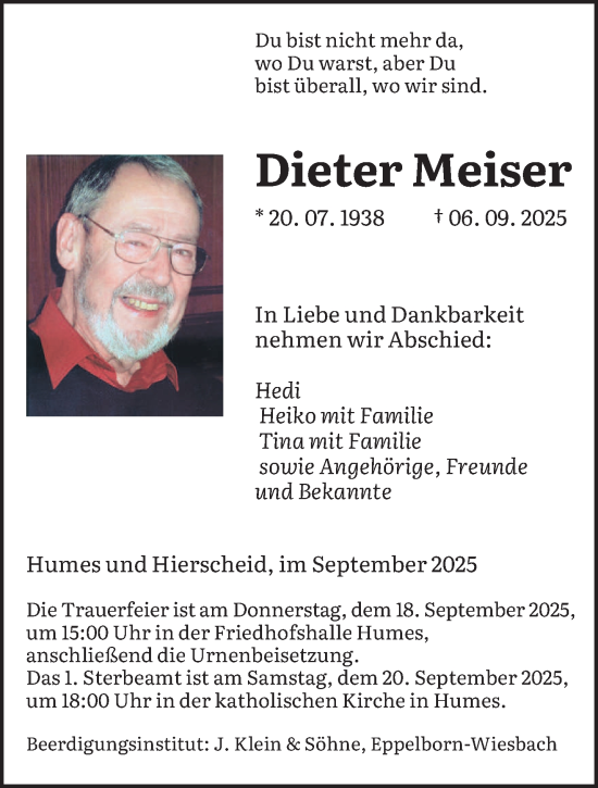 Traueranzeige von Dieter Meiser von saarbruecker_zeitung