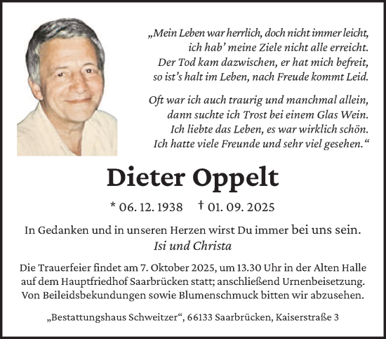 Traueranzeige von Dieter Oppelt von saarbruecker_zeitung