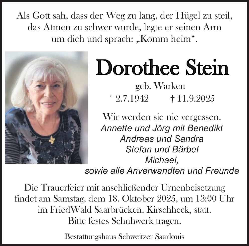  Traueranzeige für Dorothee Stein vom 20.09.2025 aus saarbruecker_zeitung