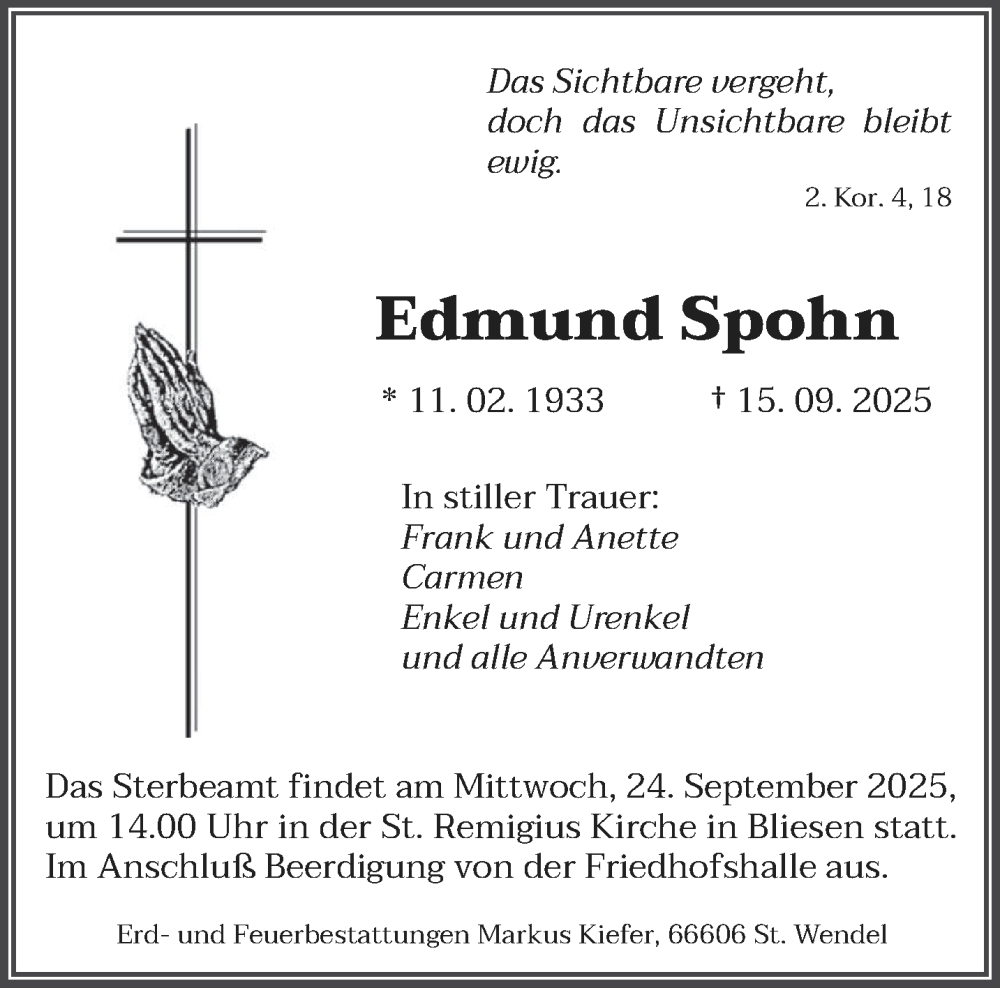  Traueranzeige für Edmund Spohn vom 20.09.2025 aus saarbruecker_zeitung