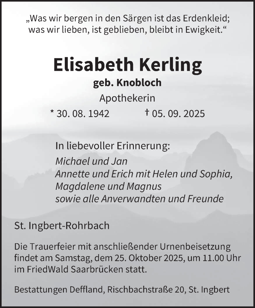  Traueranzeige für Elisabeth Kerling vom 27.09.2025 aus saarbruecker_zeitung
