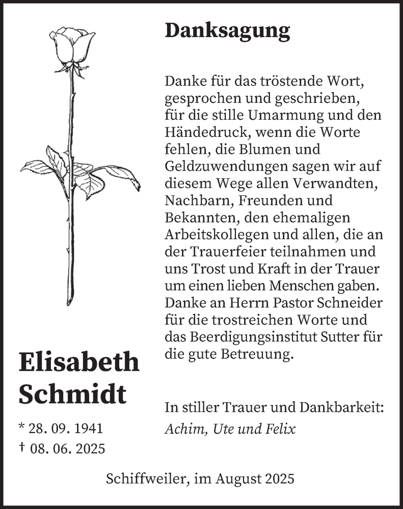  Traueranzeige für Elisabeth Schmidt vom 30.08.2025 aus saarbruecker_zeitung