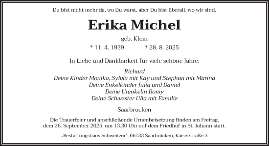 Traueranzeige von Erika Michel von saarbruecker_zeitung