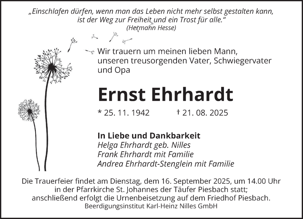  Traueranzeige für Ernst Ehrhardt vom 13.09.2025 aus saarbruecker_zeitung