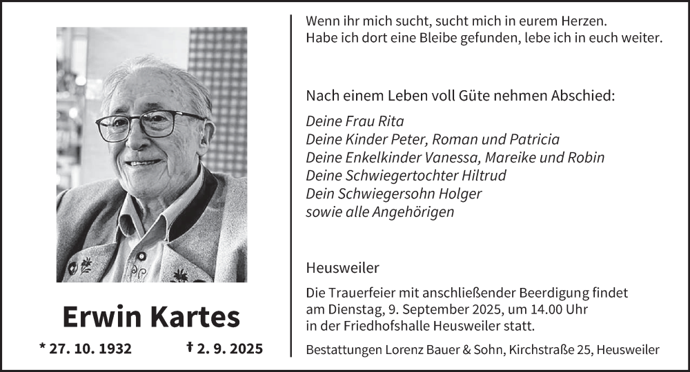  Traueranzeige für Erwin Kartes vom 06.09.2025 aus saarbruecker_zeitung