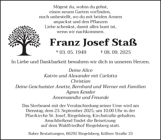 Traueranzeige von Franz Josef Staß von saarbruecker_zeitung