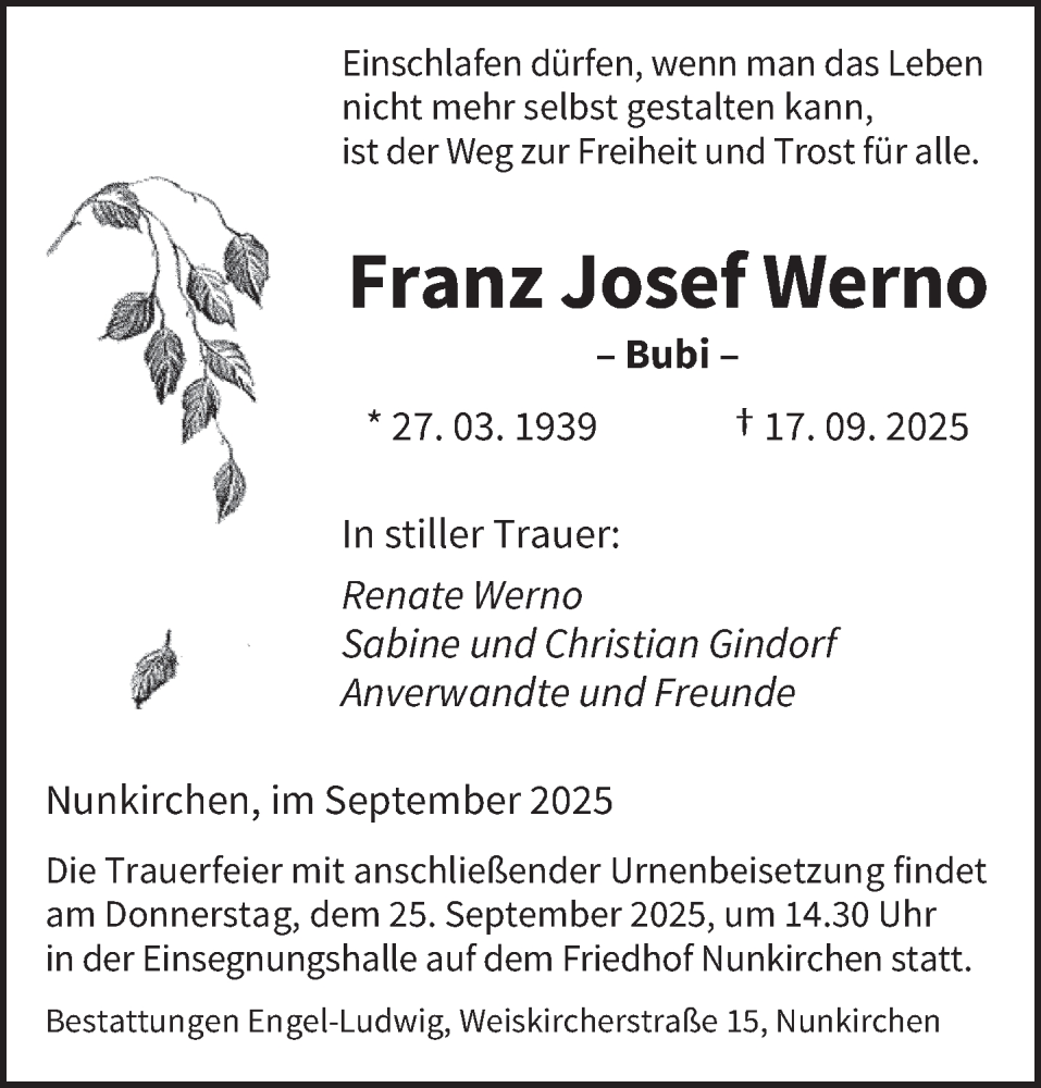  Traueranzeige für Franz Josef Werno vom 20.09.2025 aus saarbruecker_zeitung