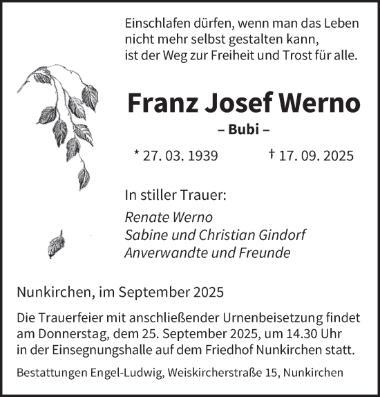 Traueranzeige von Franz Josef Werno von saarbruecker_zeitung