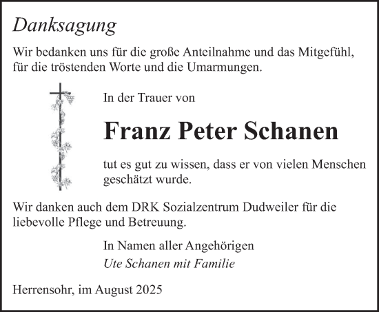 Traueranzeige von Franz Peter Schanen von saarbruecker_zeitung