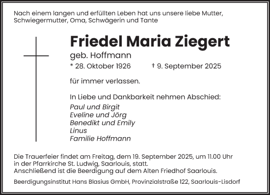 Traueranzeige von Friedel Maria Ziegert von saarbruecker_zeitung