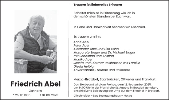 Traueranzeige von Friedrich Abel von saarbruecker_zeitung