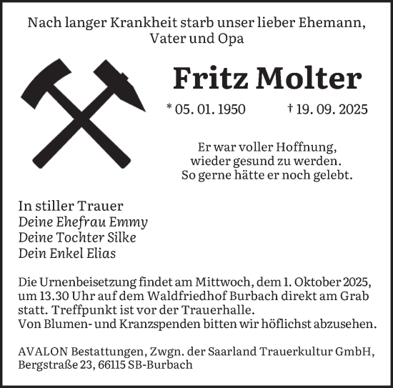 Traueranzeige von Fritz Molter von saarbruecker_zeitung