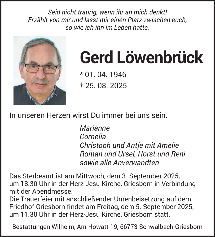  Traueranzeige für Gerd Löwenbrück vom 30.08.2025 aus saarbruecker_zeitung