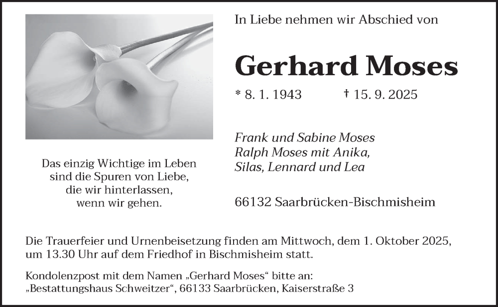  Traueranzeige für Gerhard Moses vom 27.09.2025 aus saarbruecker_zeitung