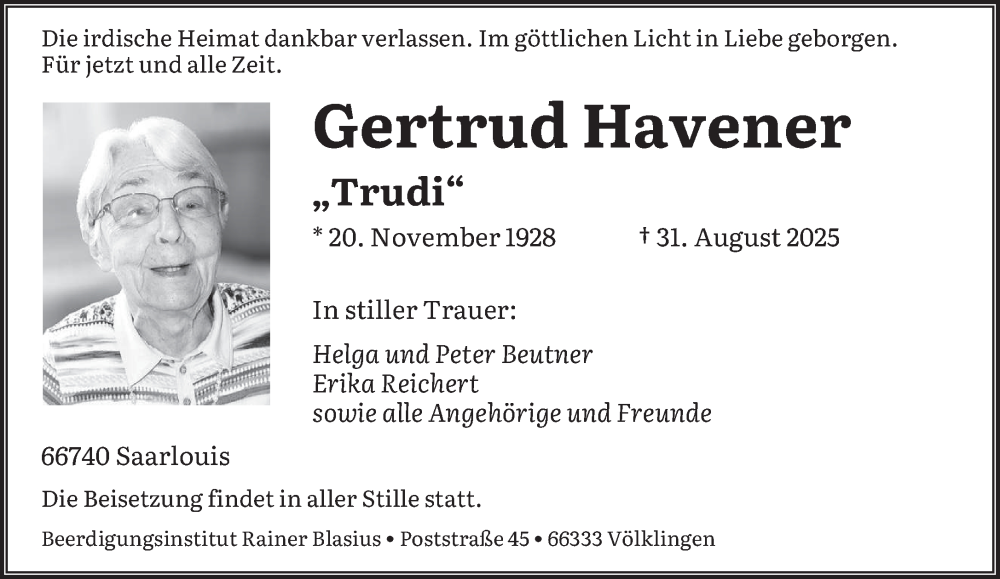  Traueranzeige für Gertrud Havener vom 06.09.2025 aus saarbruecker_zeitung