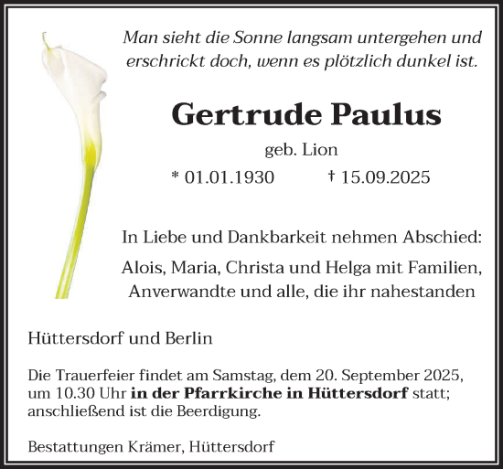 Traueranzeige von Gertrude Paulus von saarbruecker_zeitung
