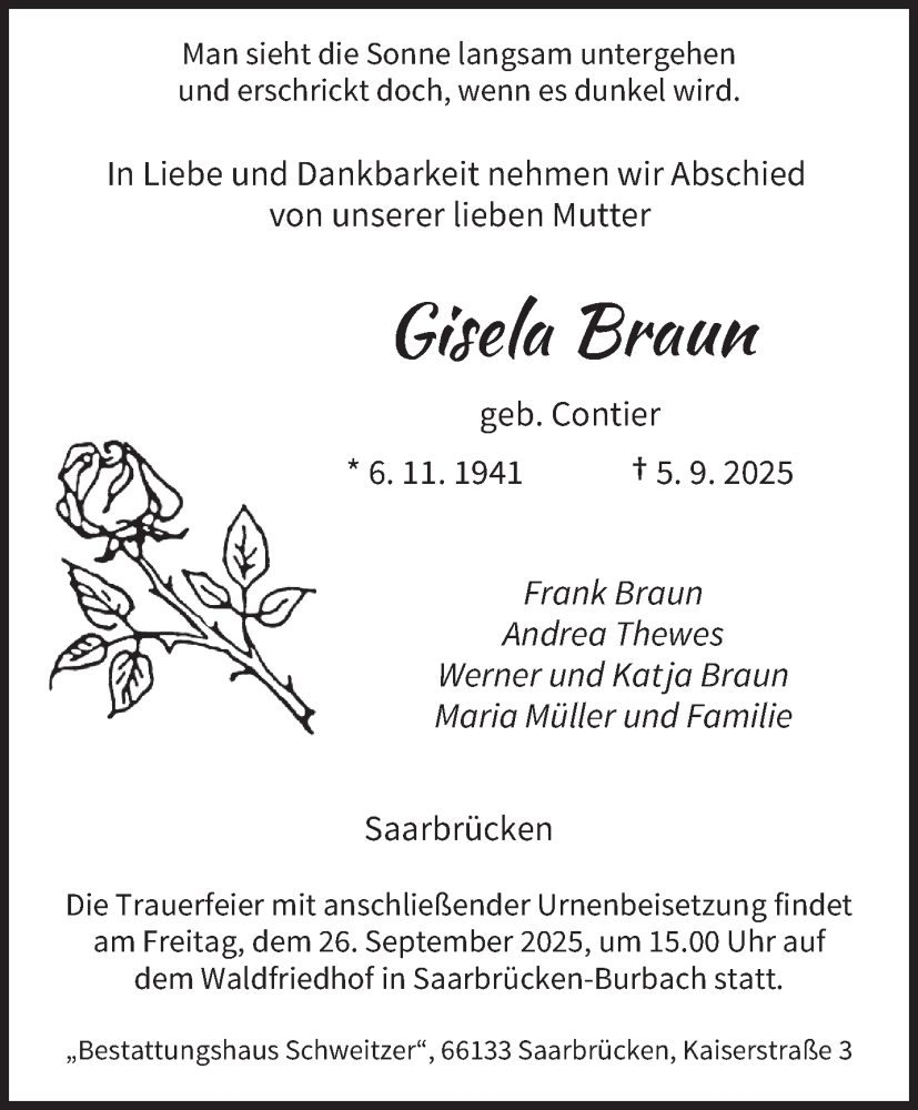  Traueranzeige für Gisela Braun vom 13.09.2025 aus saarbruecker_zeitung