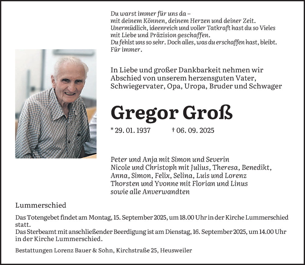  Traueranzeige für Gregor Groß vom 13.09.2025 aus saarbruecker_zeitung
