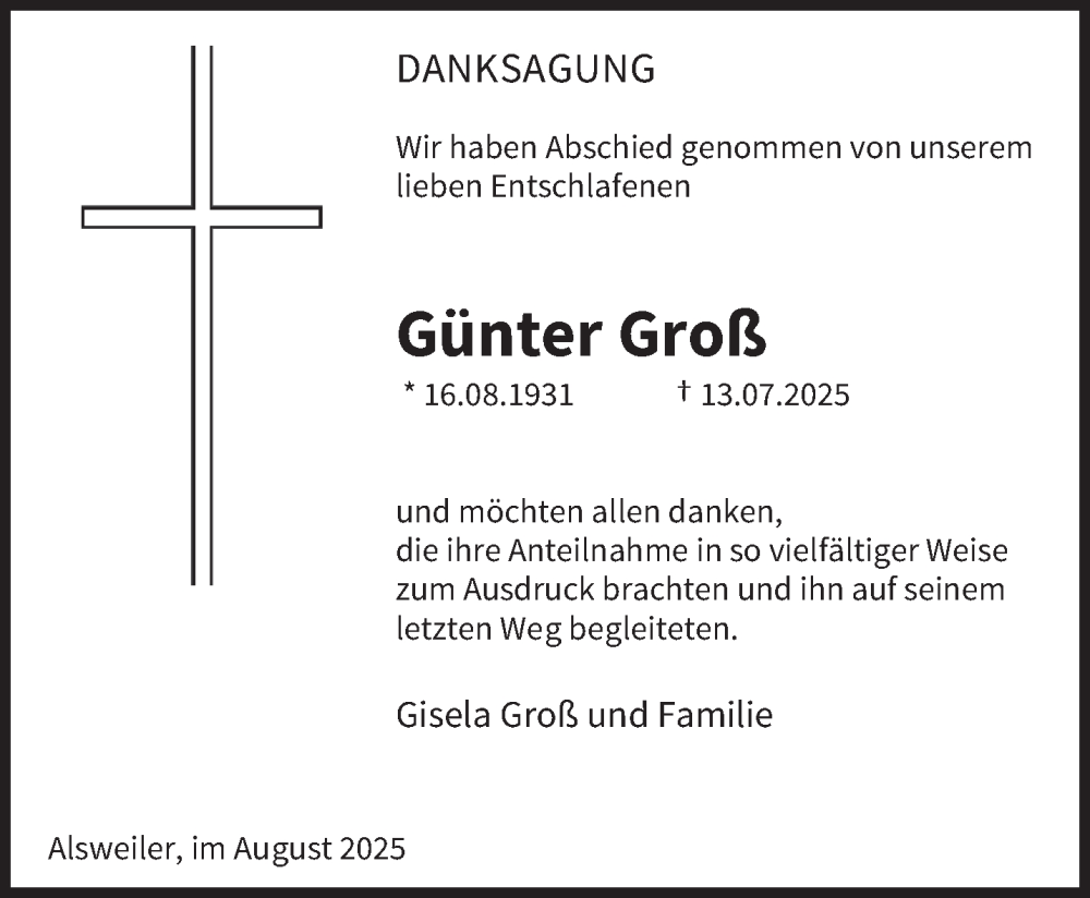 Traueranzeige für Günter Groß vom 30.08.2025 aus saarbruecker_zeitung